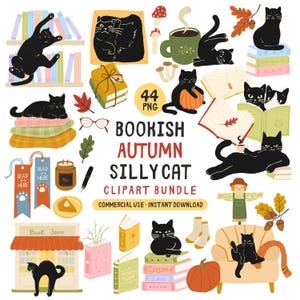 Op de afbeelding: Een digitale clipart-set met zwarte katten, boeken, pompoenen, herfstbladeren, paddenstoelen en knusse items. De tekst luidt: 44 PNG BOOKISH AUTUMN SILLY CAT CLIPART BUNDLE COMMERCIAL USE INSTANT DOWNLOAD. Bevat boekenleggers, een boekwinkel en kaarsen.