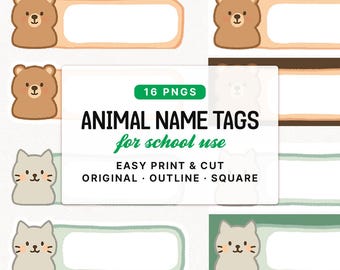 Animal Name Tag PNG Bundle, Hand Drawn Pastel School Classroom Labels, Cute Kids Printable Name Tags, Commercial Use
