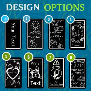 May include: A blue background displays eight rectangular black design options labelled one through eight. Each option features white line art graphics, including a sun, mountains, gaming icons, sports balls, a heart, a dog, a phone, and school supplies.
