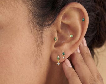 Set di orecchini a foglia in agata muschiata naturale • Orecchino piatto in titanio • Piercing per elice, trago, conchiglia e cartilagine 16G/18G • Piercing per naso • Regalo per lei