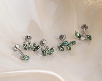 Natural Moss Agate Leaf Earrings Set • Titanium Flat Back Earring • 16G/18G Helix Tragus Conch Cartilage Stud • Nose Stud • Gift for Her