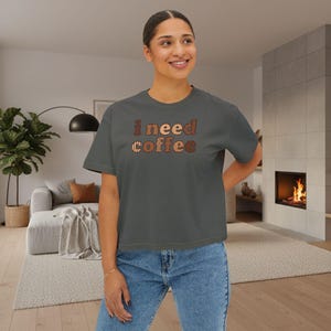 I Need Coffee Cropped T-Shirt | Comfrt Colors Retro Brown Typography, Casual Boxy Tee image 9