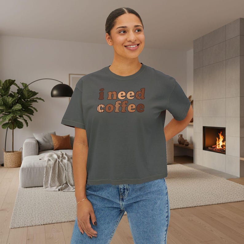 I Need Coffee Cropped T-Shirt | Comfrt Colors Retro Brown Typography, Casual Boxy Tee image 9