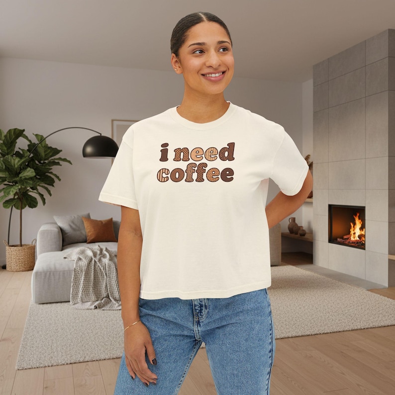 I Need Coffee Cropped T-Shirt | Comfrt Colors Retro Brown Typography, Casual Boxy Tee image 3