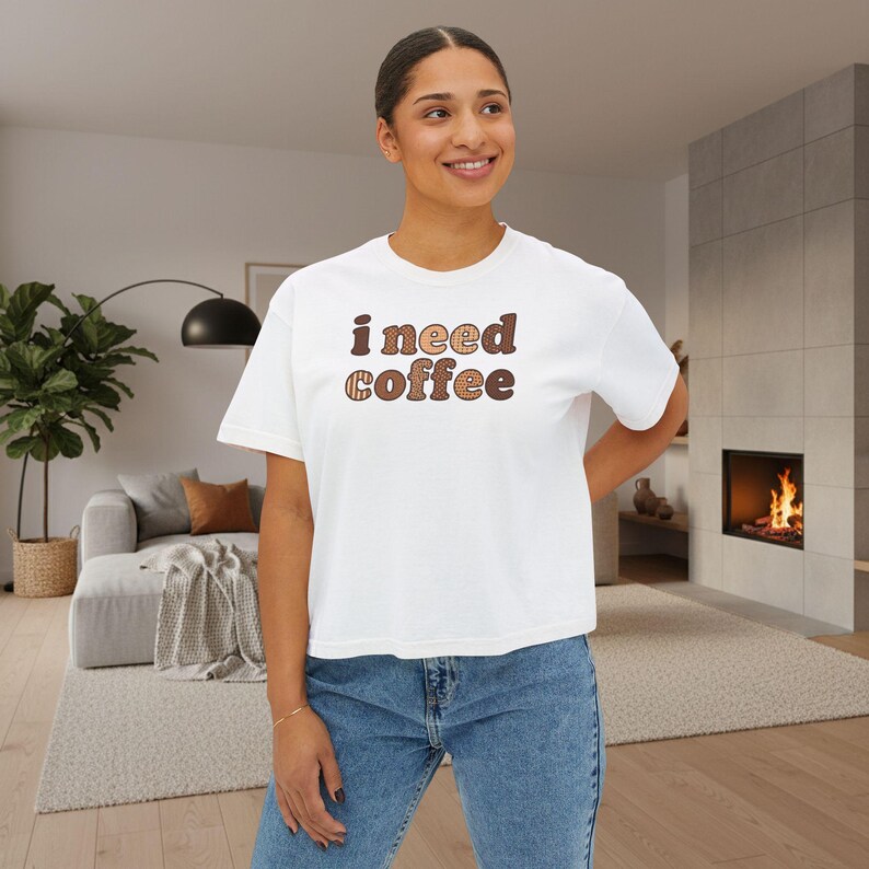 I Need Coffee Cropped T-Shirt | Comfrt Colors Retro Brown Typography, Casual Boxy Tee image 2