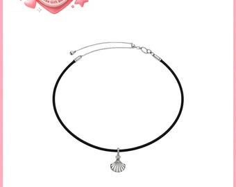 Black Leather Seashell Choker Necklace,Mother's day gift