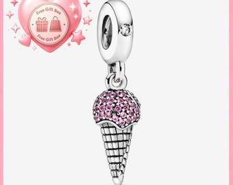 Silver Pave Ice Cream Cone Dangle Charm,925 Sterling Silver Charm,Fits European Bracelets and Necklaces