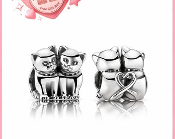 Cats Charm,925 Sterling Silver Charm,Fits European Bracelets and Necklaces