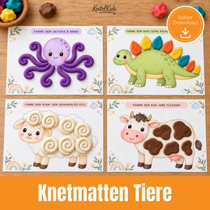 Könnte beinhalten: Vier Aktivitätsmatten mit Illustrationen von einem Oktopus, einem Dinosaurier, einem Schaf und einer Kuh. Die Matten enthalten Knetformen zur Vervollständigung der Tiere: lila Oktopusarme, bunte Dinosaurier-Rückenplatten, weiße Schafwolle und braune Kuhflecken.