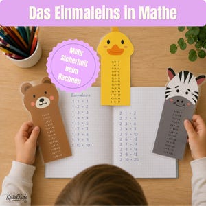 May include: Three animal-shaped bookmarks featuring multiplication tables for numbers one, two, and three. The bookmarks depict a brown bear, a yellow duck, and a black and white zebra. They are placed on an open grid-lined notebook.