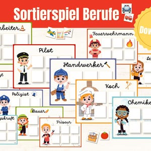 May include: A printable sorting game titled Sortierspiel Berufe featuring various cartoon characters representing professions like Bauarbeiter, Pilot, Feuerwehrmann, Lehrer, Arzt, Polizist, Handwerker, Koch, Chemiker, Reinigungskraft, Bauer, and Friseur.