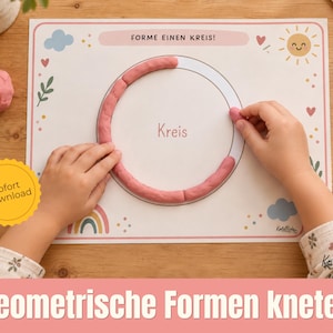 May include: A rectangular educational activity mat featuring a printed circle outline, the text FORME EINEN KREIS and the word Kreis in the center. The mat is decorated with a sun, clouds, and a rainbow. Pink modeling clay is shaped into a circle.