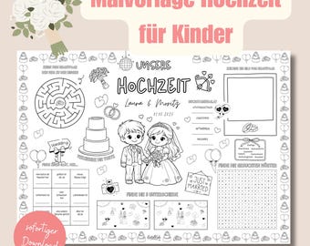 Página para colorear de bodas para niños, actividades de boda para niños, actividades de mesa para niños, entretenimiento de mesa para niños, mantel de boda para niños