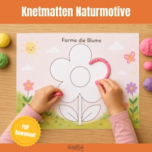 Puede incluir: Una hoja de actividades rectangular con el contorno negro de una flor y el texto Forme die Blume. La hoja incluye ilustraciones de un sol, nubes, una mariposa y flores. Se está moldeando plastilina rosa siguiendo el contorno de la flor.