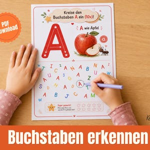 May include: A printable educational worksheet for children featuring the letter A, with a large red letter A, an illustration of an apple, and a grid of various letters to circle. The text includes 'Kreise den Buchstaben A ein (10x)!' and 'A wie Apfel'.