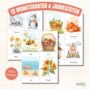 May include: A set of illustrated flashcards featuring seasonal themes. The cards display images of a snowman, pumpkins, flowers, and beach scenes. Text includes months like January, May, and August, along with the words "12 MONATSKARTEN & JAHRESZEITEN" and "Sofort Download".