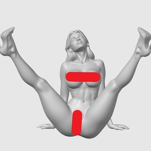 May include: A gray 3D-printed sculpture of a woman in a reclining pose with legs raised. She wears high heels. The figure is nude, with red bars covering the breasts and pubic area. The sculpture is set against a plain background.