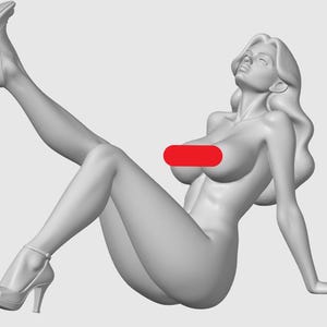 May include: A 3D-rendered sculpture of a reclining figure with long, flowing hair. The figure is wearing high-heeled shoes. The sculpture is in a neutral gray color, with a smooth finish. The figure is posed with one leg raised.