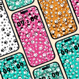 Puede incluir: Varios teléfonos inteligentes con pantallas que muestran diseños de huellas de patas. Las pantallas muestran la fecha y la hora, con el texto "Monday, October 19" y la hora "09:09". Los fondos son de varios colores, incluyendo rosa, verde azulado y naranja.