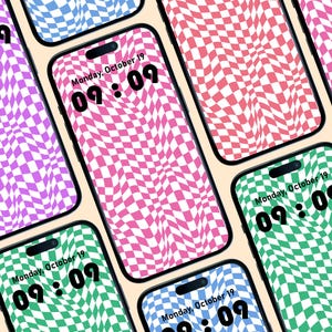 May include: A collection of smartphones displaying a wavy checkerboard pattern in various colors, including pink, green, blue, and purple. Each phone screen shows the date and time: Monday, October 19, 09:09.