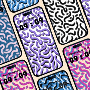 May include: Multiple smartphones displaying abstract patterned wallpapers in various colors, including purple, blue, and pink. Each screen shows the date and time: Monday, October 19, 09:09.