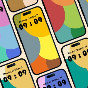 May include: Multiple smartphones displaying a colorful abstract wallpaper. Each phone shows the date as Monday, October 19, and the time as 09:09. The wallpaper features a mix of yellow, orange, red, green, and blue shapes.