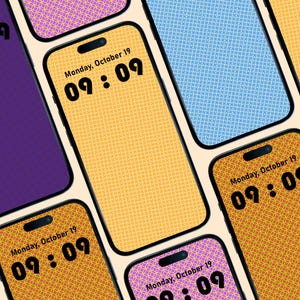 May include: A collection of smartphones with patterned backgrounds in various colors, including yellow, purple, and blue. Each screen displays the date "Monday, October 19" and the time "09:09". The phones are arranged at different angles.