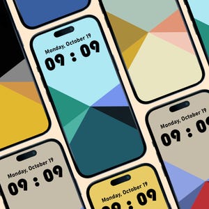 Puede incluir: Varios teléfonos inteligentes muestran un fondo de pantalla abstracto geométrico con la fecha y la hora: lunes 19 de octubre, 09:09. Las pantallas presentan una variedad de colores, incluyendo azul, verde, amarillo y beige, dispuestos en patrones triangulares.