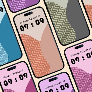 Pode incluir: Vários smartphones exibindo uma variedade de designs abstratos de papel de parede. Cada telefone mostra um esquema de cores diferente, incluindo rosa, pêssego e azul, com a data e hora exibidas como segunda-feira, 19 de outubro, 09:09.