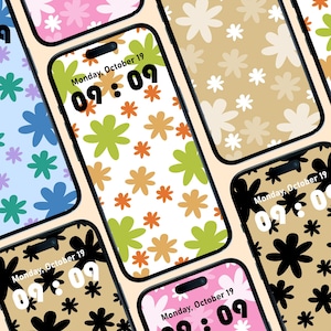 Pode incluir: Vários smartphones com papéis de parede florais. Os ecrãs apresentam vários esquemas de cores, incluindo rosa, azul e castanho, com diferentes padrões de flores. A hora e a data, "Monday, October 19 09:09", são visíveis em alguns ecrãs.