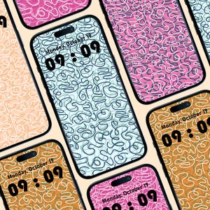 May include: Several smartphones with colourful, abstract backgrounds of swirling lines. The screens show the time as 09:09 and the date, Monday, October 19. The backgrounds are in shades of pink, orange, and blue.