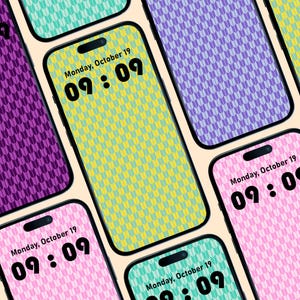 Puede incluir: Varios smartphones muestran la hora "09:09" el lunes 19 de octubre. Cada teléfono tiene un fondo de pantalla con diferentes patrones en tonos de rosa, verde, amarillo y morado.