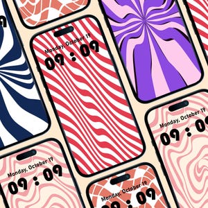 Puede incluir: Varios smartphones que muestran fondos de pantalla abstractos y coloridos. Las pantallas presentan patrones como rayas rojas y blancas, remolinos púrpuras y rosas y diseños ondulados. Cada teléfono muestra la hora "09:09" en la pantalla, con la fecha "lunes 19 de octubre".