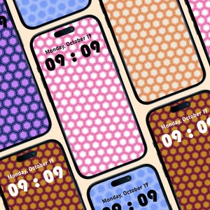 Può includere: Diversi smartphone con sfondi a motivi a nido d'ape in vari colori, tra cui rosa, arancione, viola e marrone. Ogni schermo mostra l'ora "09:09" e la data "lunedì 19 ottobre".