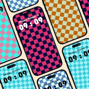 May include: A collection of smartphones with various checkered patterns on their screens. The screens display the date, Monday, October 19, and the time 09:09 in a digital format. The color schemes include pink and navy, orange and beige, and blue and turquoise.