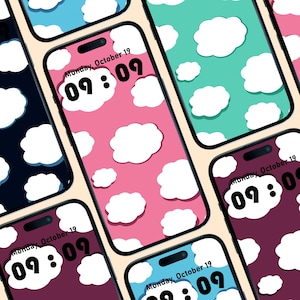 May include: Smartphones with cloud pattern wallpapers in shades of pink, blue, and teal. Each screen shows the time as 09:09 and the date, Monday, October 19. The phones are arranged in a grid.
