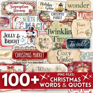 May include: A collection of Christmas-themed digital graphics featuring various words and phrases. Designs include "Jolly & Bright", "Christmas Market", and "Cozy Winter". The image also includes a snowman, polar bear, and other festive elements.