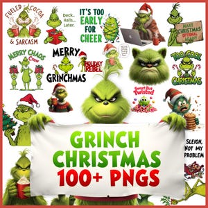 May include: A collection of Grinch-themed digital graphics. The image features various illustrations of the Grinch in different poses, some with text like "Grinch Christmas" and "100+ PNGs". The color palette includes green, red, and white.