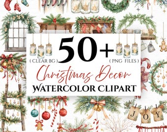 Pacchetto di clipart natalizie ad acquerello, set PNG per le feste in stile rustico, decorazioni invernali accoglienti in stile fattoria, PNG natalizie per sublimazione, download digitale