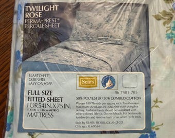 Vintage Sears Perma Prest Percale Sheet - Full Size, Fitted & Flat - Twilight Rose NEW