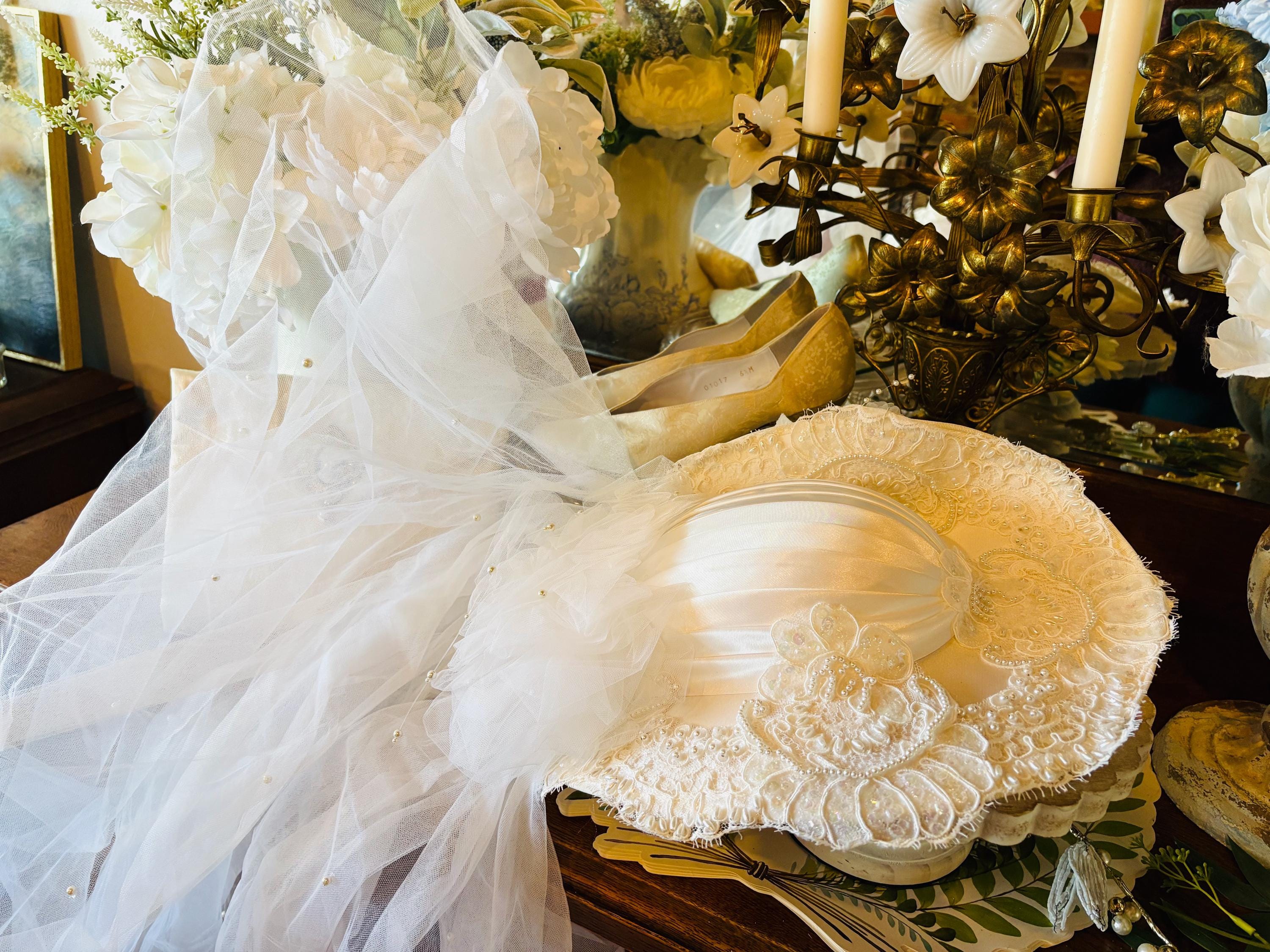 Vintage Lace & Pearl Wide Brim Hat – Bridal / Victorian Style White-Faux-Pearl-Rhinestone-  main image 3