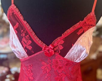 Claire Pettibone Babydoll Slip Dress in Cherry Red Lace and Pink Silk, Y2K, Small
