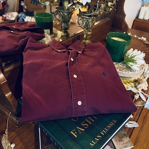 May include: A burgundy button-down shirt with a small blue logo on the chest, resting on a green book with gold lettering. The shirt is neatly folded, showcasing its collar and buttons. The book is titled "FASHION" by Alan Flusser.