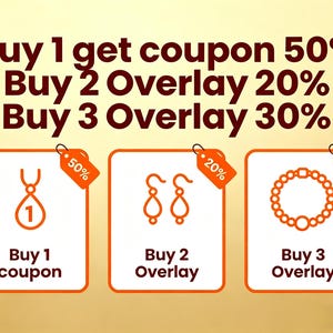 May include: An orange and white graphic with text promoting discounts on jewelry. The text reads "Buy 1 get coupon 50%", "Buy 2 Overlay 20%", and "Buy 3 Overlay 30%". The image includes illustrations of jewelry.