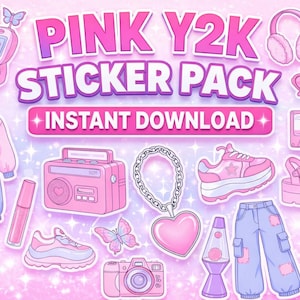 May include: A pink Y2K sticker pack with illustrations of a flip phone, headphones, heart-shaped sunglasses, a cassette tape, a hoodie, jeans, trainers, a boombox, a necklace, a heart pendant, a lava lamp, a camera, sandals, a tube of lotion, and a lollipop.