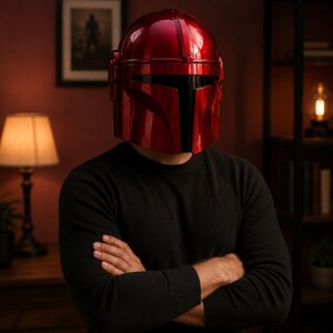 May include: A glossy, metallic red helmet with a T-shaped black visor. The helmet features a smooth, rounded dome and structured side panels. It is worn with a plain black long-sleeved shirt, creating a striking contrast between the vibrant red headgear and the dark, neutral clothing.