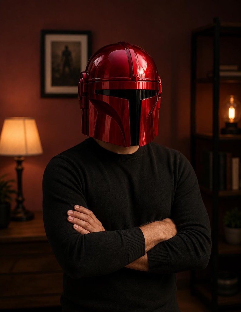 May include: A glossy, metallic red helmet with a T-shaped black visor. The helmet features a smooth, rounded dome and structured side panels. It is worn with a plain black long-sleeved shirt, creating a striking contrast between the vibrant red headgear and the dark, neutral clothing.