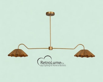 Mid Century Modern Double Arm Brass Pendant Light | Vintage Scalloped Shade Chandelier | Minimalist Dining Room Ceiling Light Fixture