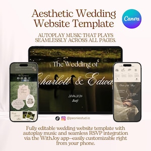 May include: An aesthetic wedding website template displayed on a tablet and two smartphones. The template features a nature scene with the text "The Wedding of Charlott & Edwa" and RSVP information. The Canva logo is visible.