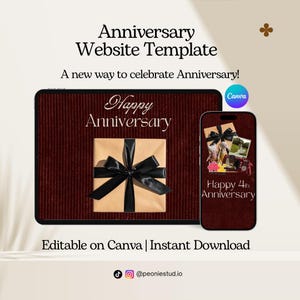 May include: An anniversary website template displayed on a tablet and smartphone. The tablet shows a dark red background with a gift box and the text Happy Anniversary. The phone displays a photo collage and the text Happy 4th Anniversary.